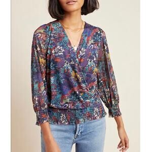 Anthropologie Ines Smocked Surplice Blouse Top, XS
